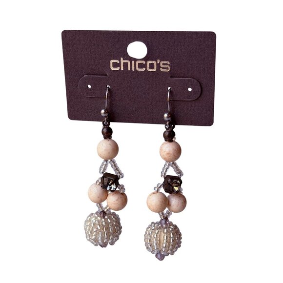 Vtg 1990s Chico’s Pearl Chain Drop Earrings Sparkle Textured Metal Ball Accents - Picture 1 of 7